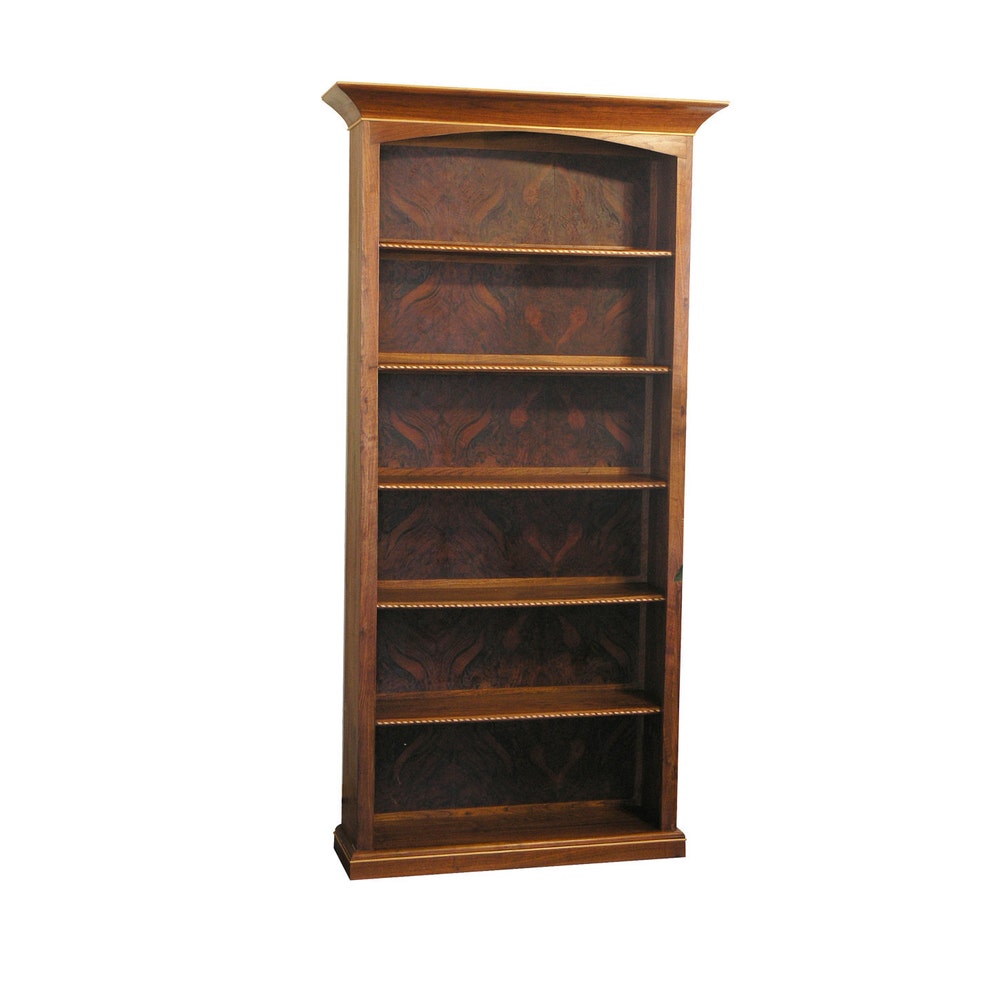 Walnut Wood Open Shelf Bookcase, Burl Inlay, Wooden Shelves