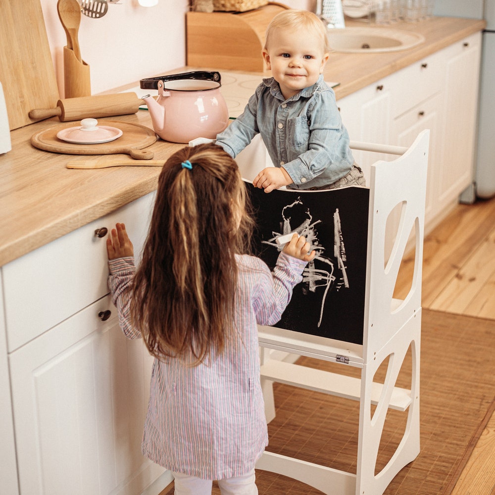 White Montessori helper tower - Table & Chair, Kitchen step stool, Learning table Montessori furniture Mothers helper Montessori classroom