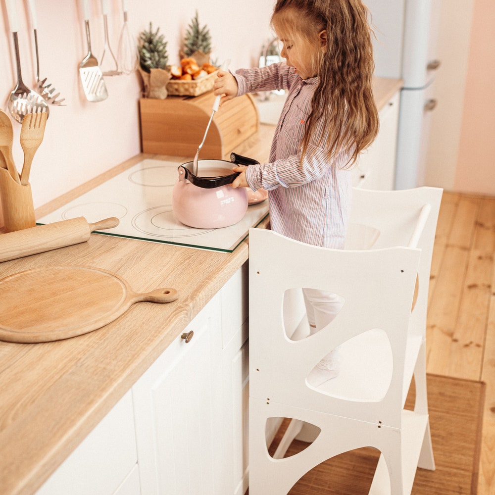 White Montessori helper tower - Table & Chair, Kitchen step stool, Learning table Montessori furniture Mothers helper Montessori classroom