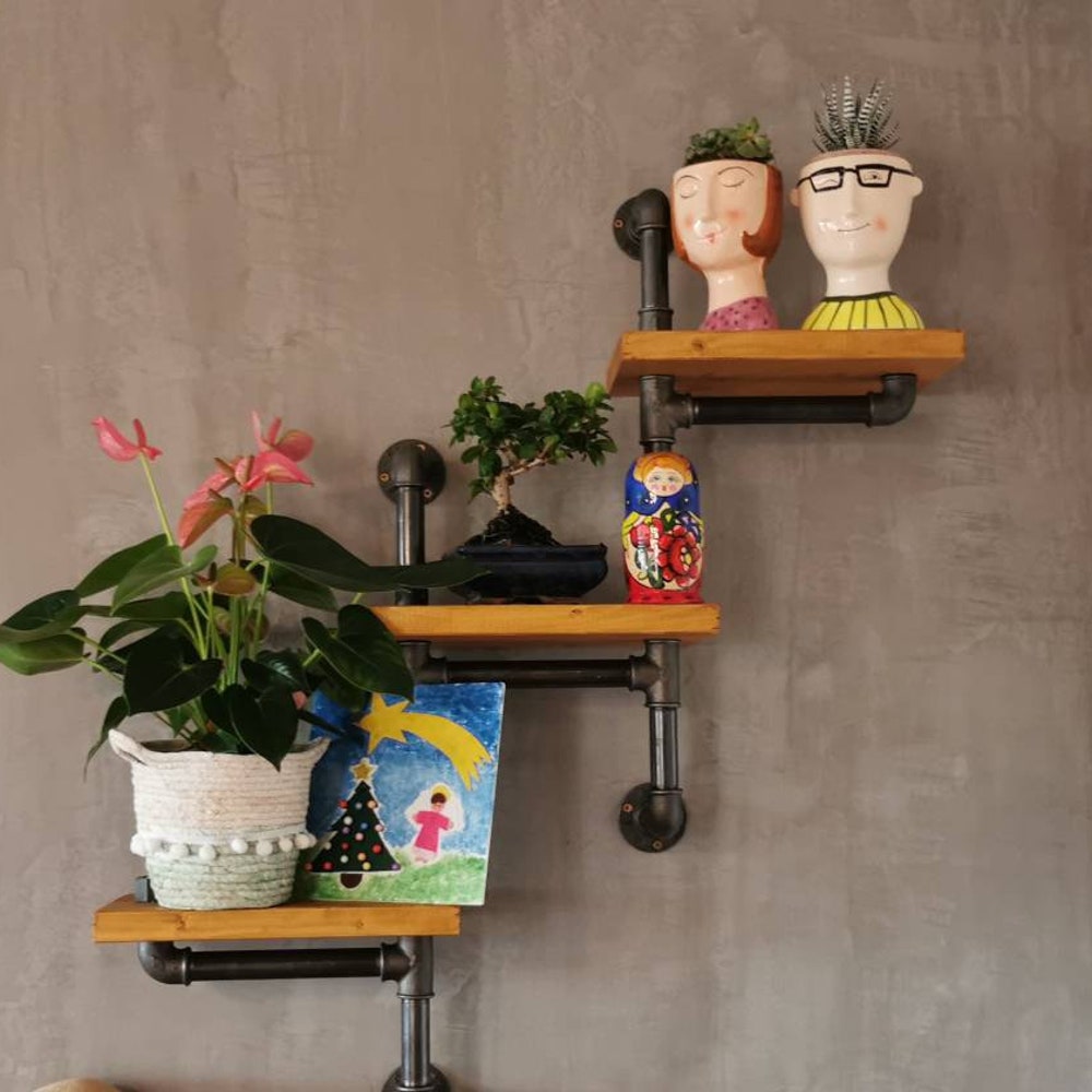 Farmhouse Rustic Industrial Floating Shelves, Angled pipe brackets, Rustic Wall shelf, Pinewood shelve, Rustic wood shelf