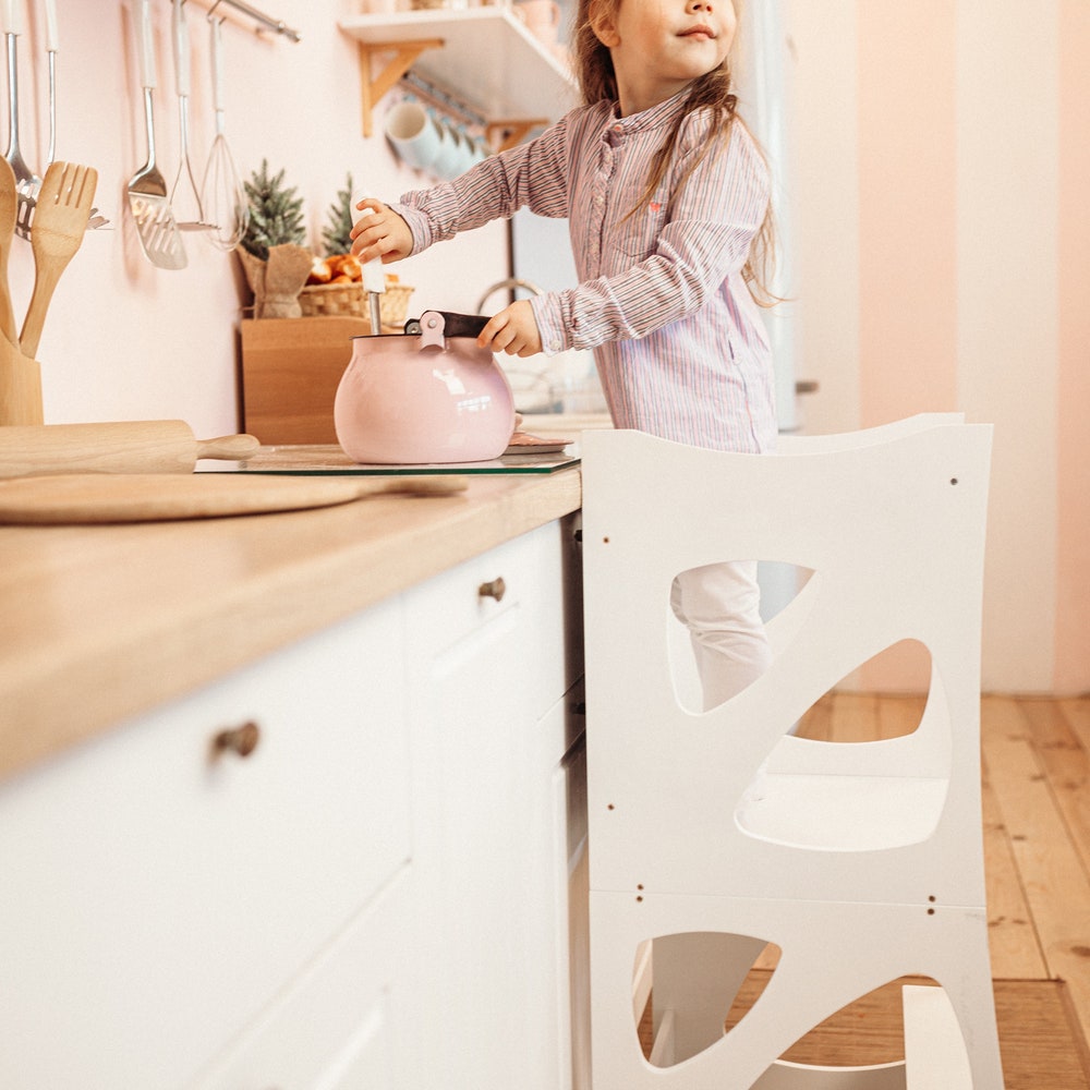 White Montessori helper tower - Table & Chair, Kitchen step stool, Learning table Montessori furniture Mothers helper Montessori classroom