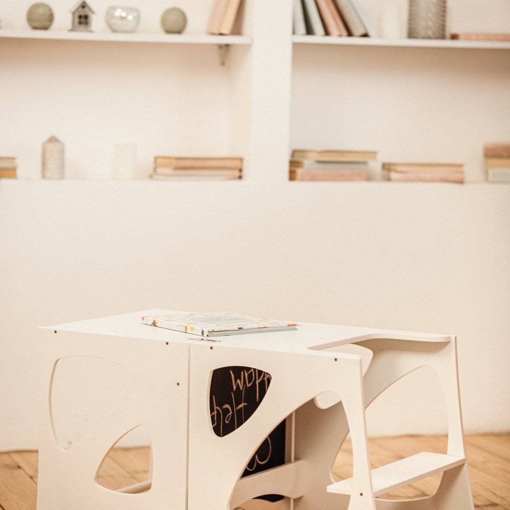 White Montessori helper tower - Table & Chair, Kitchen step stool, Learning table Montessori furniture Mothers helper Montessori classroom
