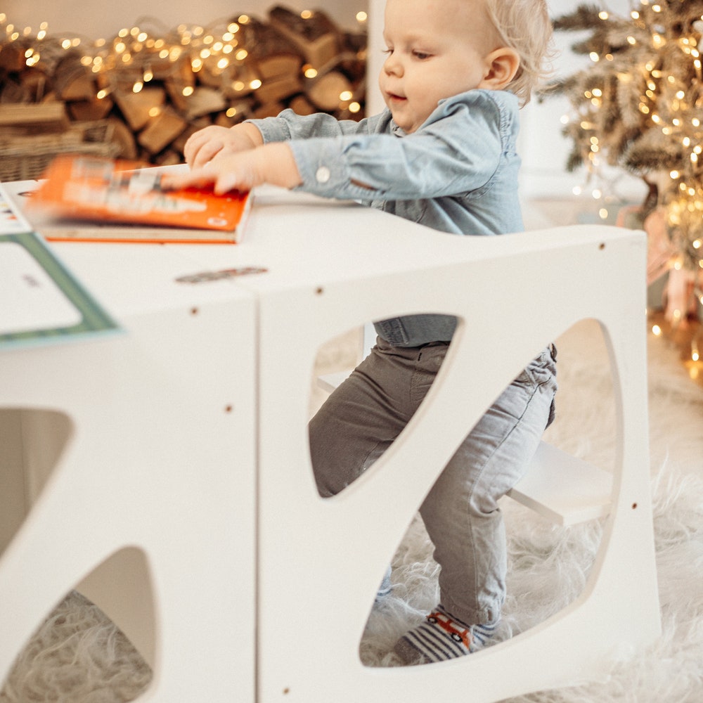 White Montessori helper tower - Table & Chair, Kitchen step stool, Learning table Montessori furniture Mothers helper Montessori classroom