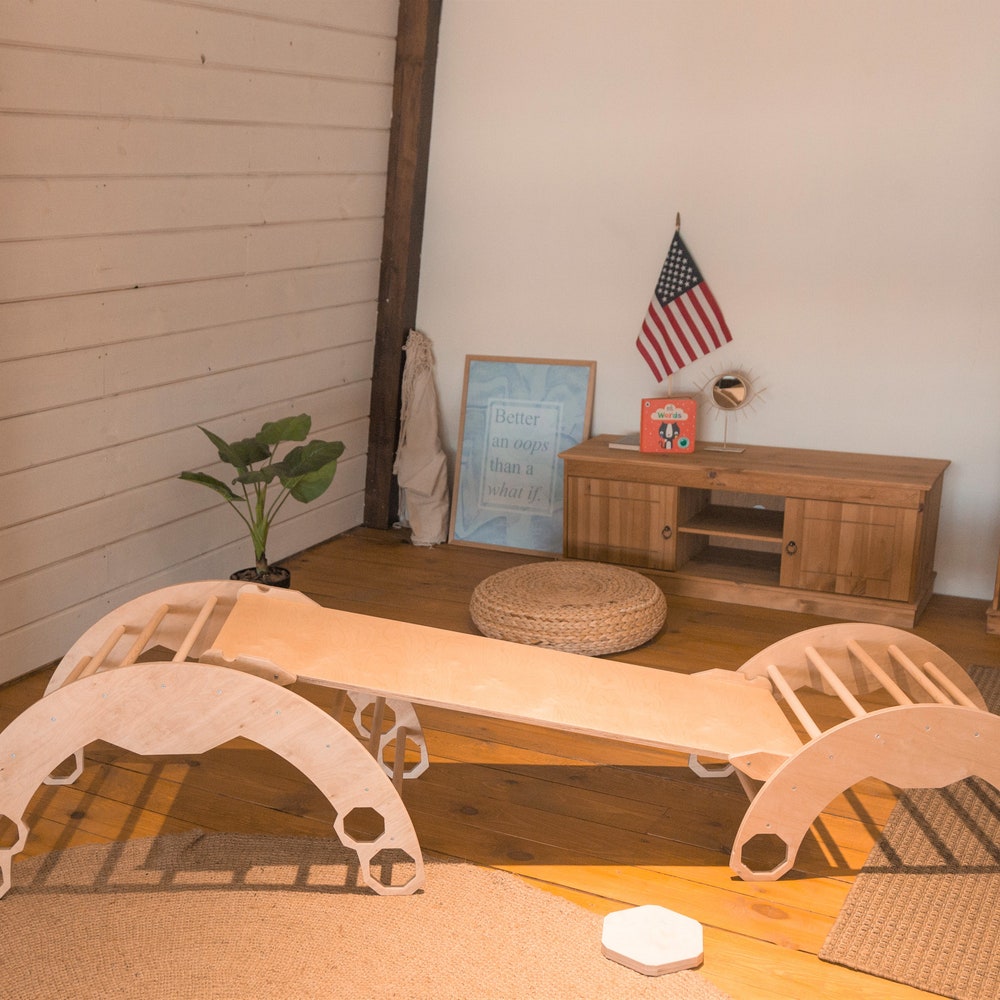 Set of three items: TWO LARGE Climbing Arch + Ramp, Montessori furniture, Baby wood Gym, Toddler climber Balance board Waldorf kids ladder