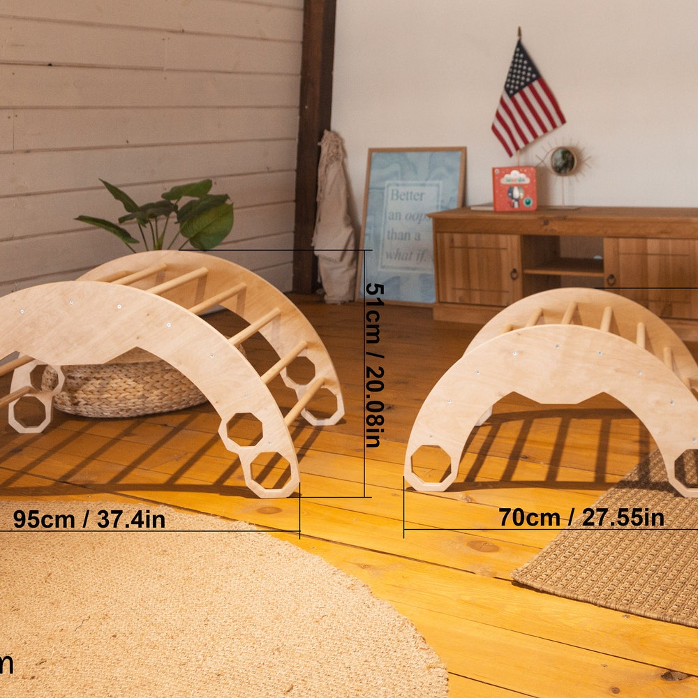 Set of three items: TWO LARGE Climbing Arch + Ramp, Montessori furniture, Baby wood Gym, Toddler climber Balance board Waldorf kids ladder