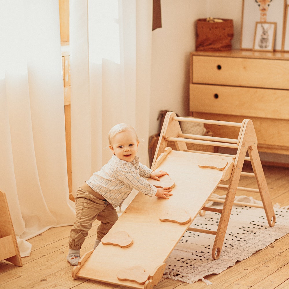 Climbing Set: TWO Foldable Triangle + Climbing ramp, Montessori toddler Balance board Wooden Baby gym Rock climbing Montessori furniture