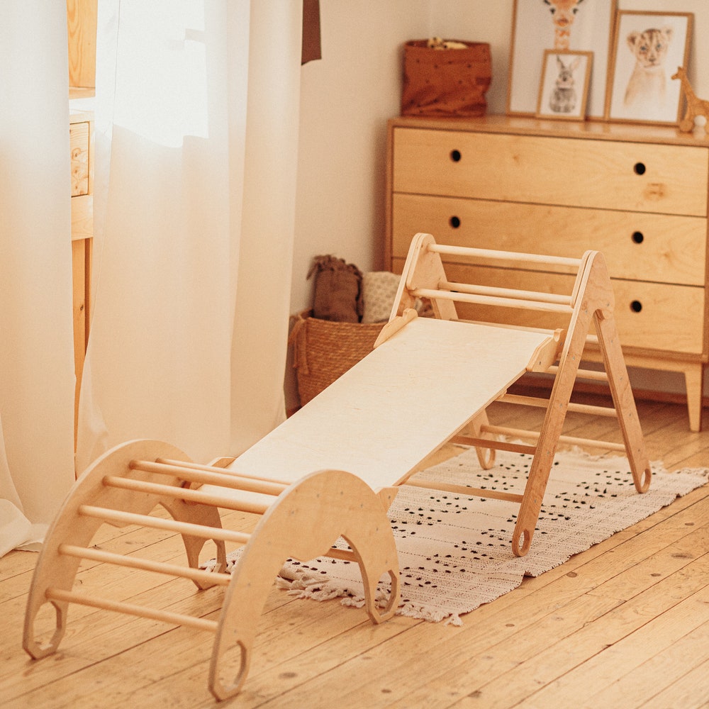 Set of 3 items: Foldable triangle + Climbing Arch + Ramp with slide, Montessori furniture Wooden play gym
