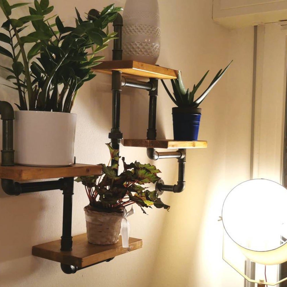 Retro Industrial Floating Wall Shelf With Metal Pipe Frame And Wooden Display Tiers