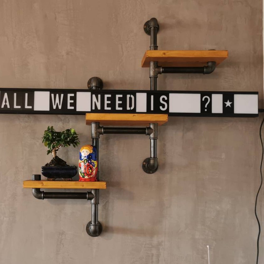 Farmhouse Rustic Industrial Floating Shelves, Angled pipe brackets, Rustic Wall shelf, Pinewood shelve, Rustic wood shelf