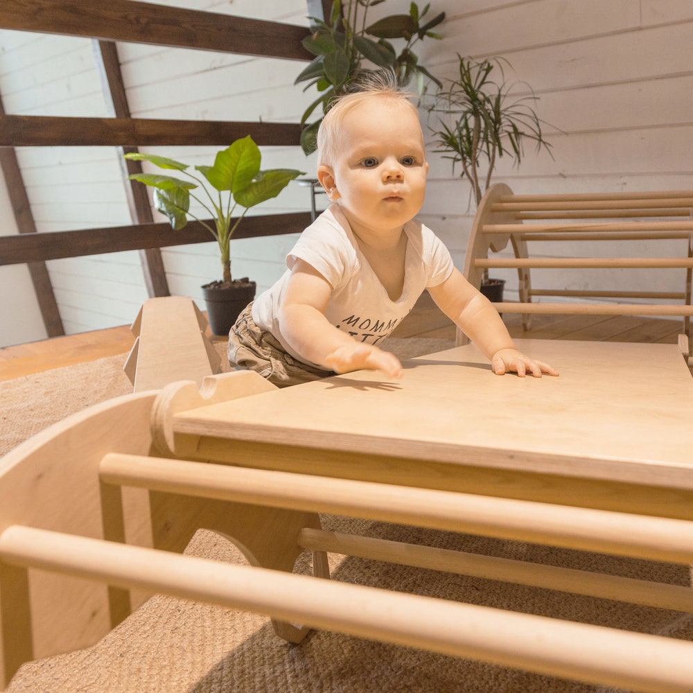 Set of three items: TWO LARGE Climbing Arch + Ramp, Montessori furniture, Baby wood Gym, Toddler climber Balance board Waldorf kids ladder