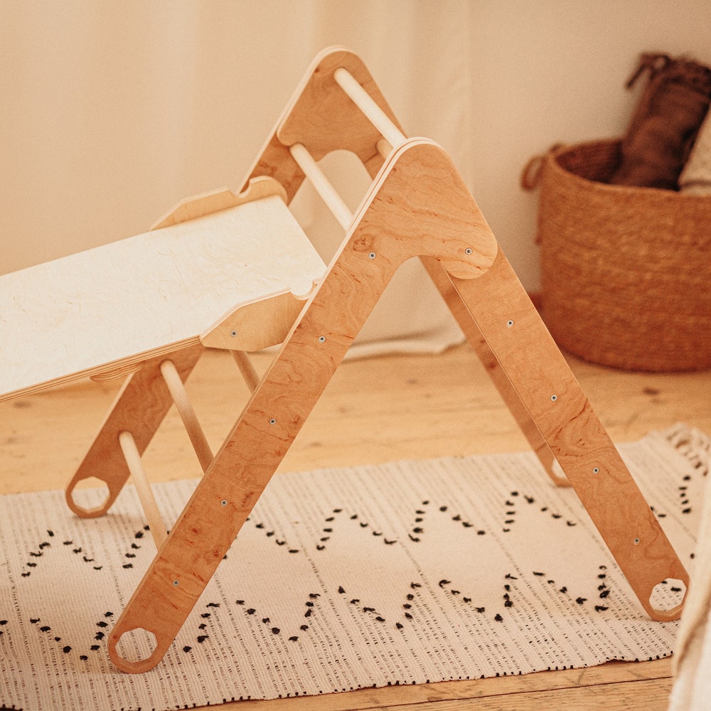 Climbing Set: TWO Foldable Triangle + Climbing ramp, Montessori toddler Balance board Wooden Baby gym Rock climbing Montessori furniture