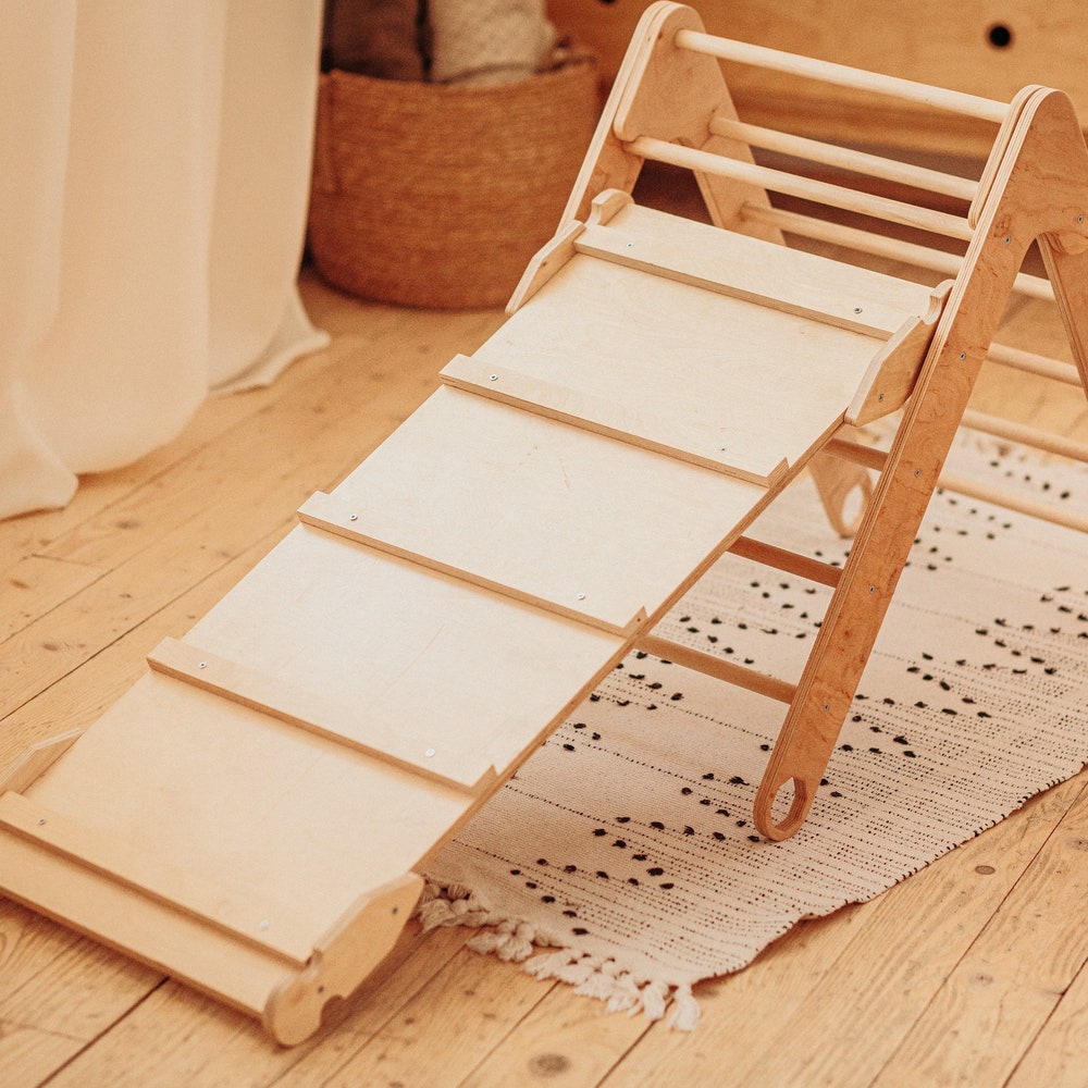 Climbing Set: TWO Foldable Triangle + Climbing ramp, Montessori toddler Balance board Wooden Baby gym Rock climbing Montessori furniture