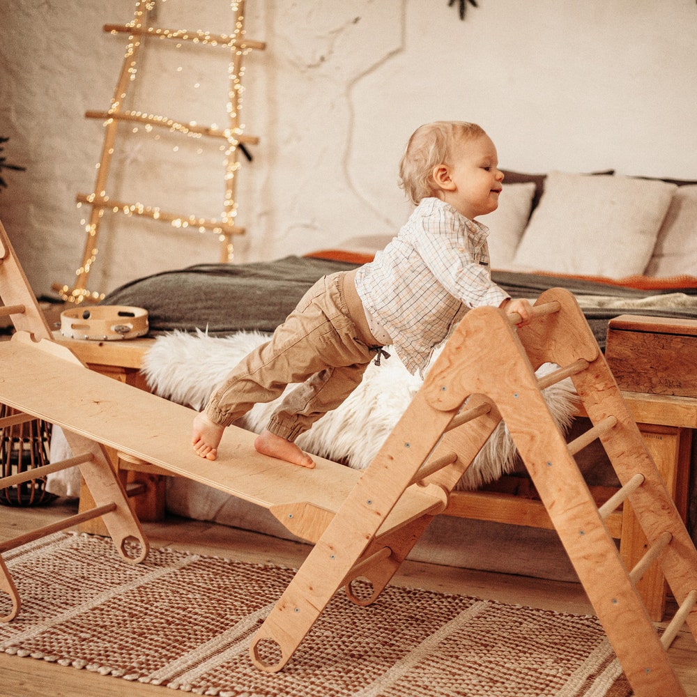 Climbing Set: TWO Foldable Triangle + Climbing ramp, Montessori toddler Balance board Wooden Baby gym Rock climbing Montessori furniture