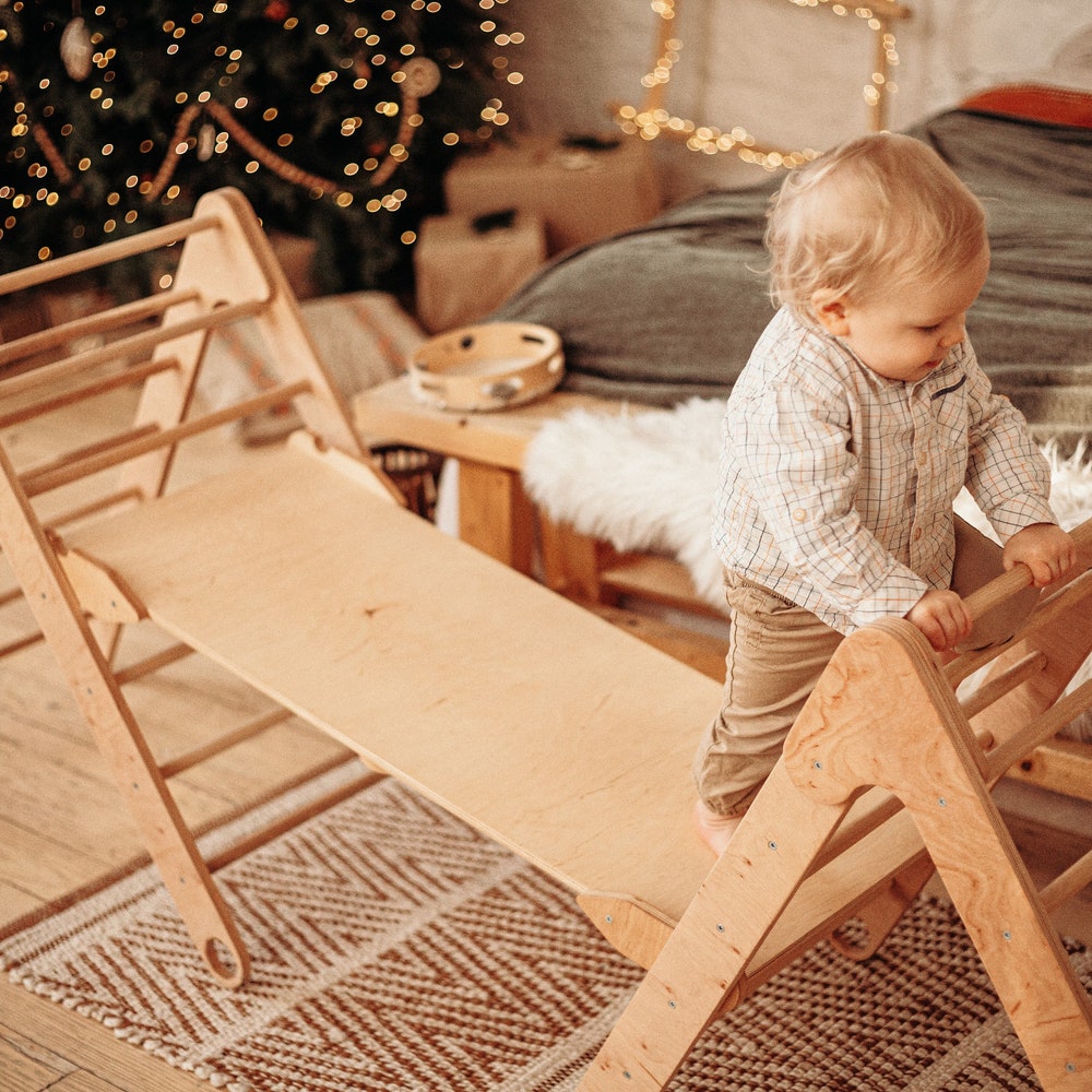 Climbing Set: TWO Foldable Triangle + Climbing ramp, Montessori toddler Balance board Wooden Baby gym Rock climbing Montessori furniture