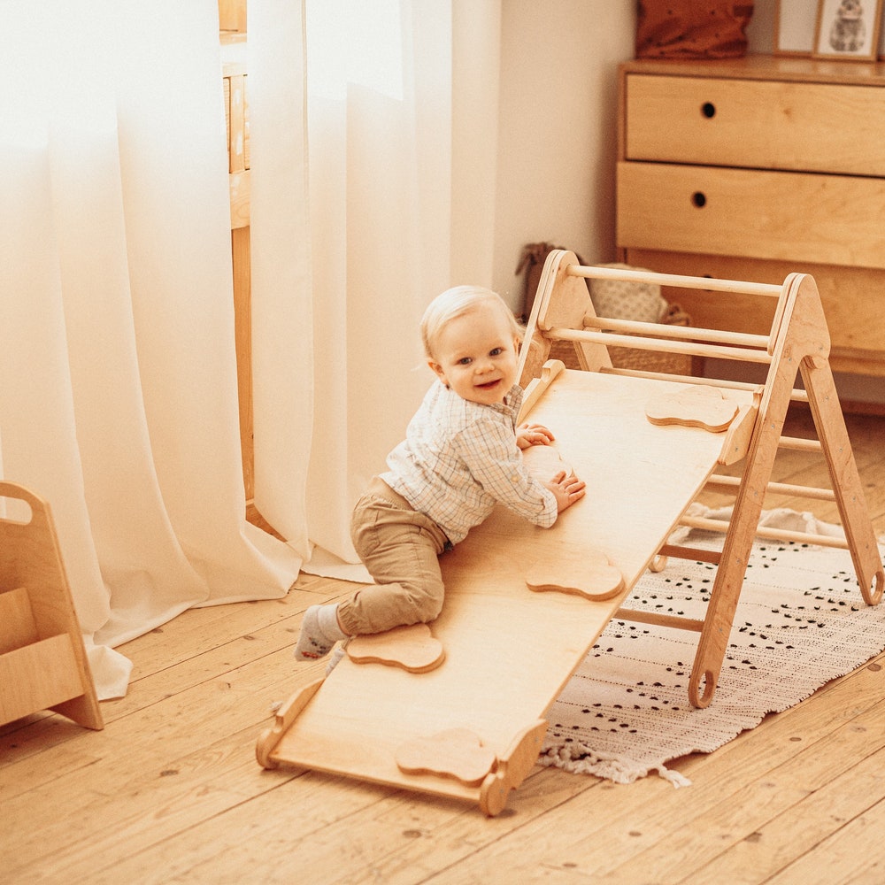 Climbing Set of three items: two Foldable Triangle and Ramp with slide, Wood play gym, Montessori toddler toys Baby furniture