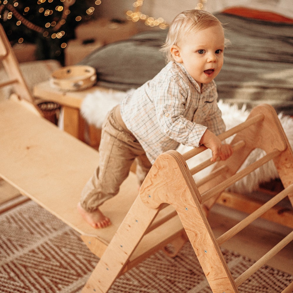 Climbing Set of three items: two Foldable Triangle and Ramp with slide, Wood play gym, Montessori toddler toys Baby furniture