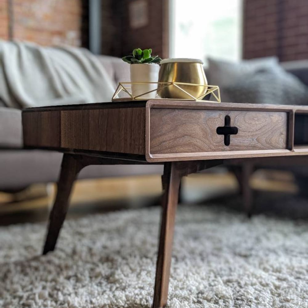 COFFEE TABLE PLUS with drawer 40" - Walnut Handmade solid wood mid century modern style and storage cubby 18" tall
