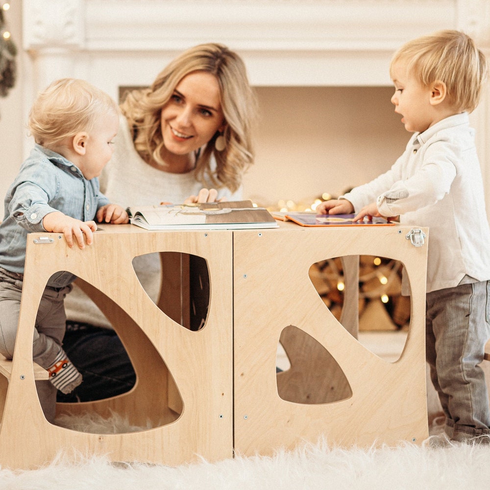 Set for two kids: Montessori tower 3 in 1+ Extra chair to convertible table, Personalized learning furniture, Kitchen toddler helper