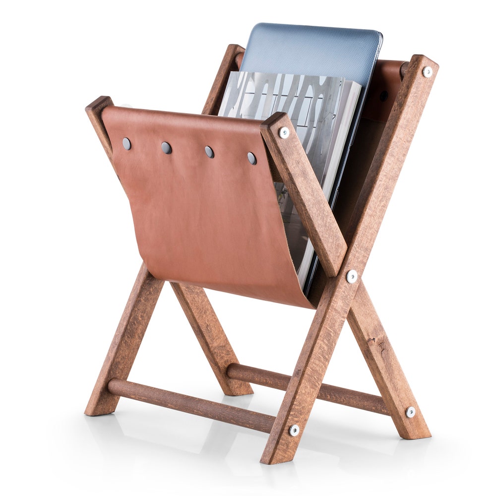 Wooden and Leather Magazine Holder, spaper Rack, File Organizer, Living Room Home Decoration, Office and Lobby Accessories, Black