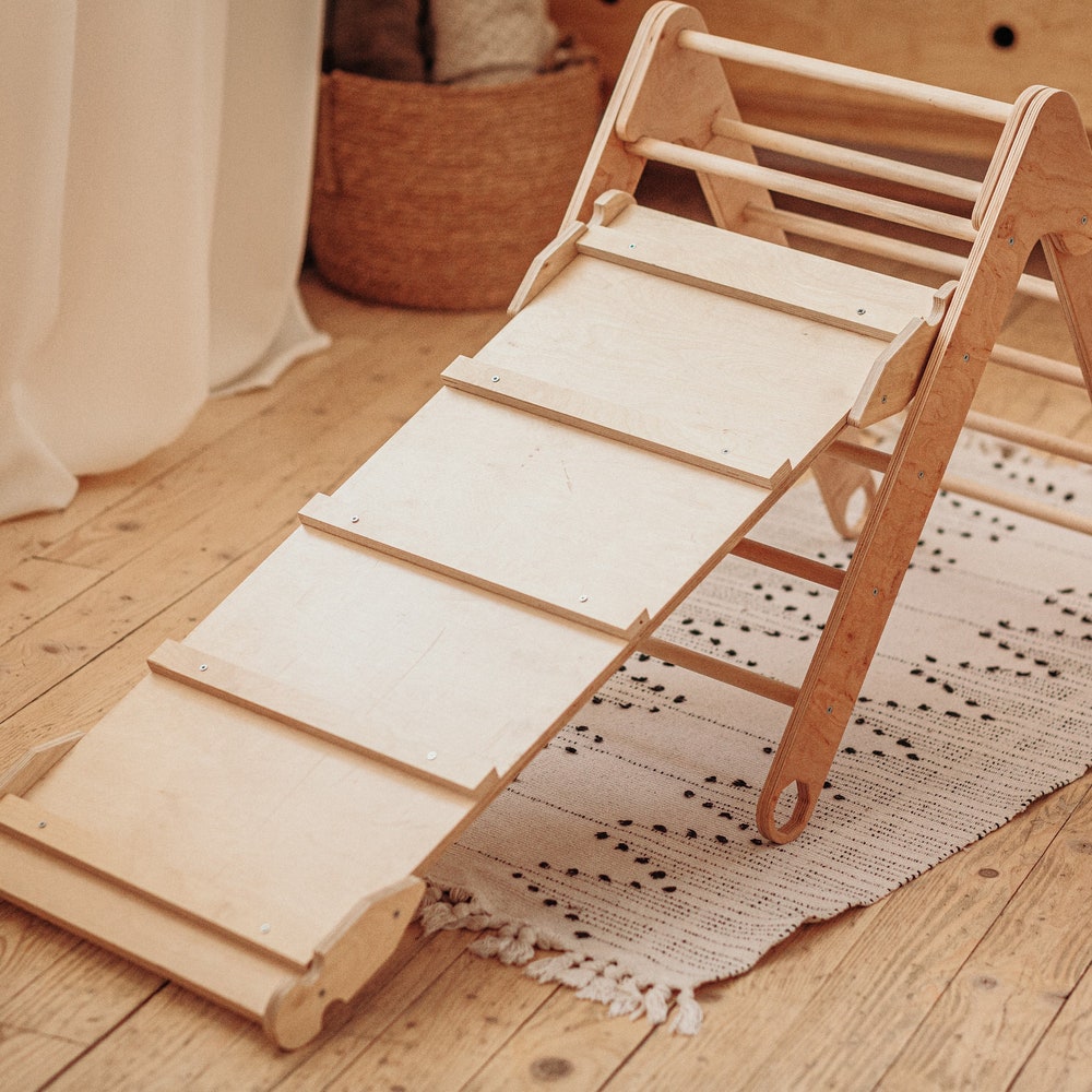 Climbing Set of three items: two Foldable Triangle and Ramp with slide, Wood play gym, Montessori toddler toys Baby furniture