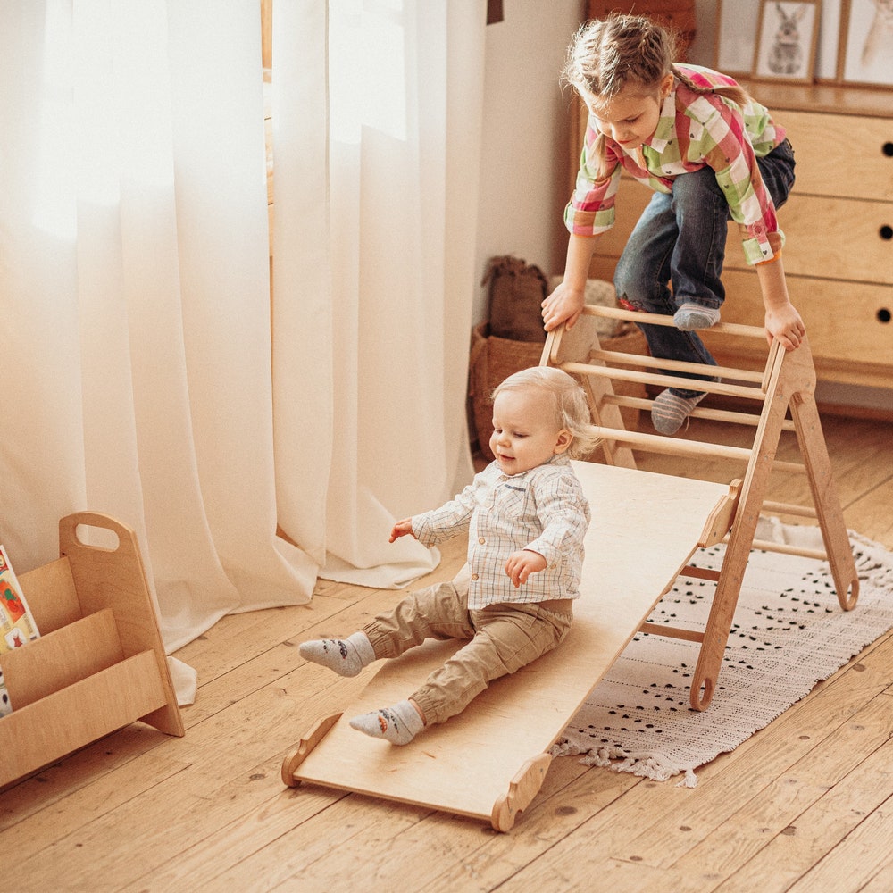 Set of 5 items: 2 foldable Triangle + Arch + 2 Ramp with slide, Climbing Montessori furniture for Toddlers Wood play gym Balance board