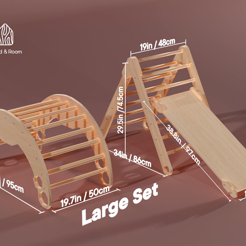 Wooden Gym Set for toddlers 3 items: Climbing Triangle + Arch + Slide, Montessori furniture, Baby toy for 1 year old, White climber set