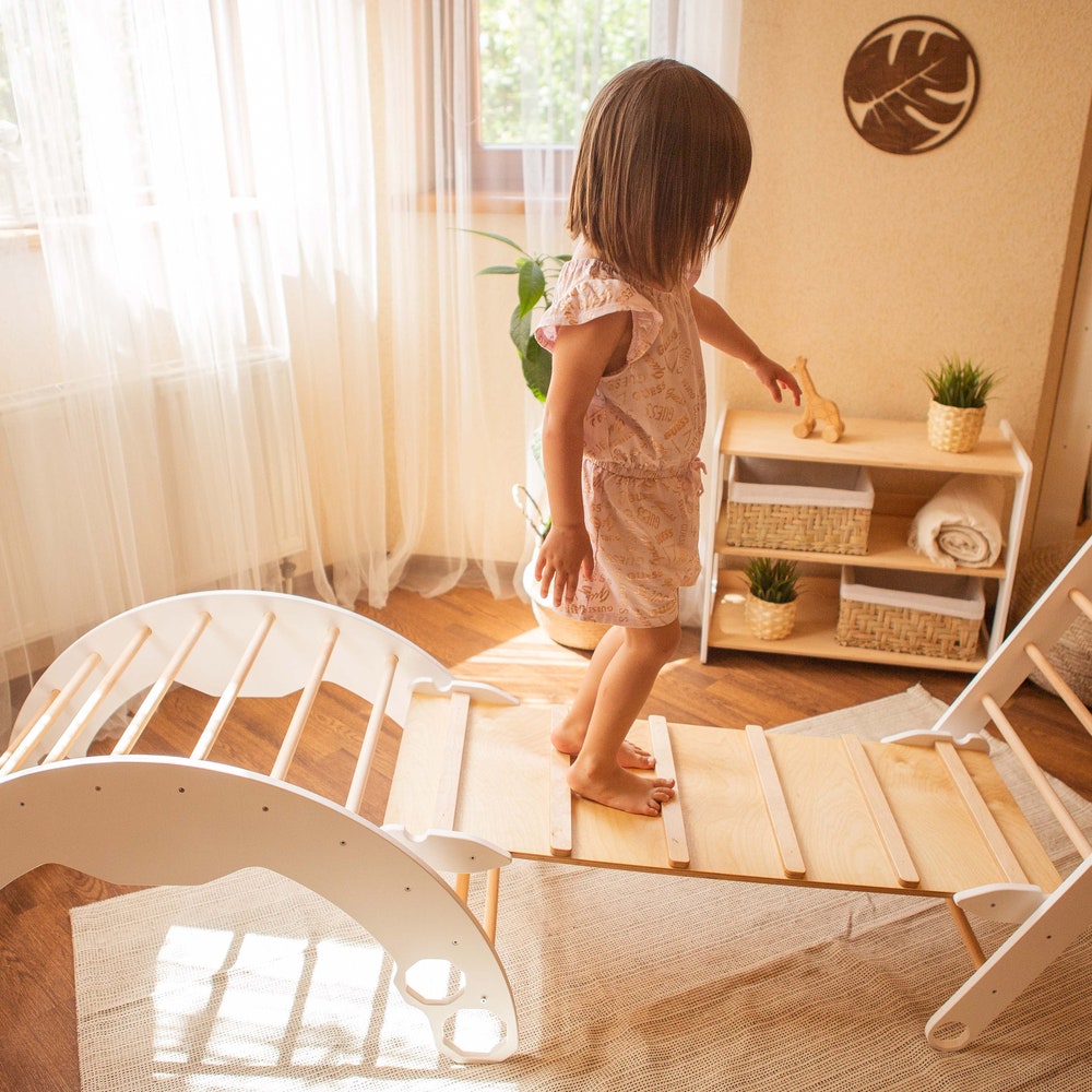 Wooden Gym Set for toddlers 3 items: Climbing Triangle + Arch + Slide, Montessori furniture, Baby toy for 1 year old, White climber set