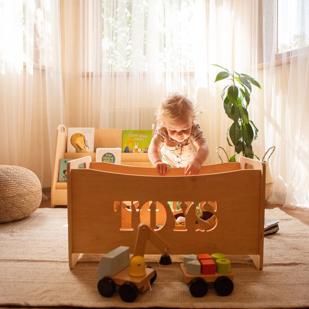 Wooden toy box for toddler playroom, Storage basket for baby nursery, Montessori furniture, Toys organizer, Boxes for toys