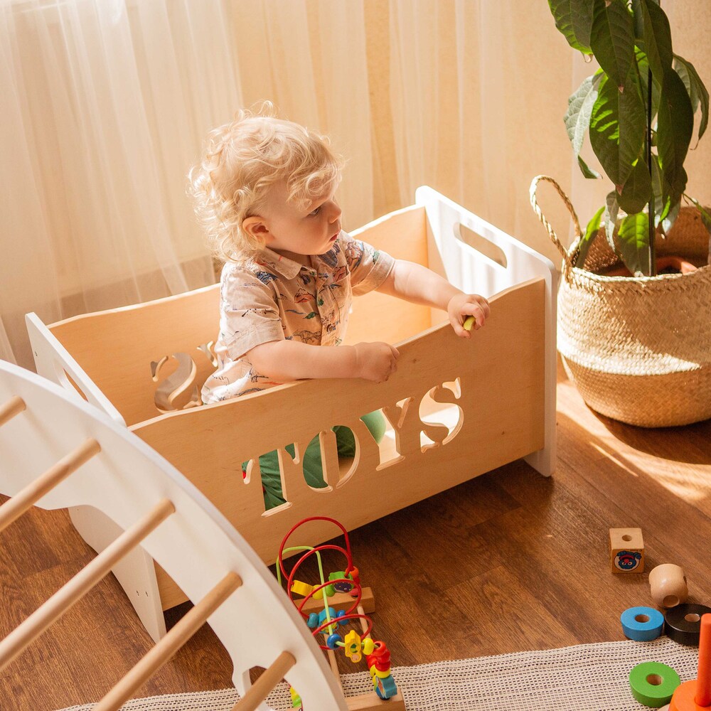 Wooden toy box for toddler playroom, Storage basket for baby nursery, Montessori furniture, Toys organizer, Boxes for toys