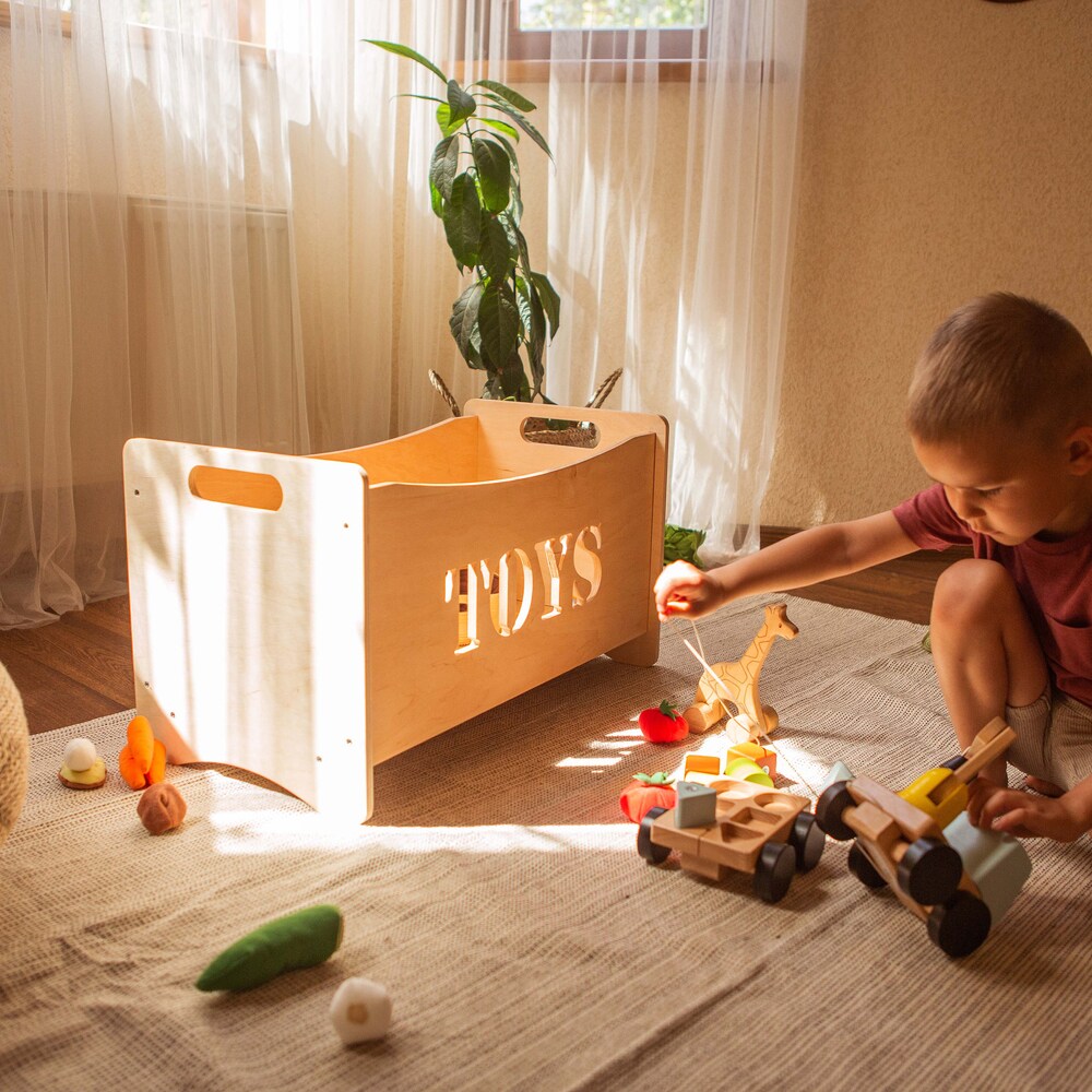 Wooden toy box for toddler playroom, Storage basket for baby nursery, Montessori furniture, Toys organizer, Boxes for toys