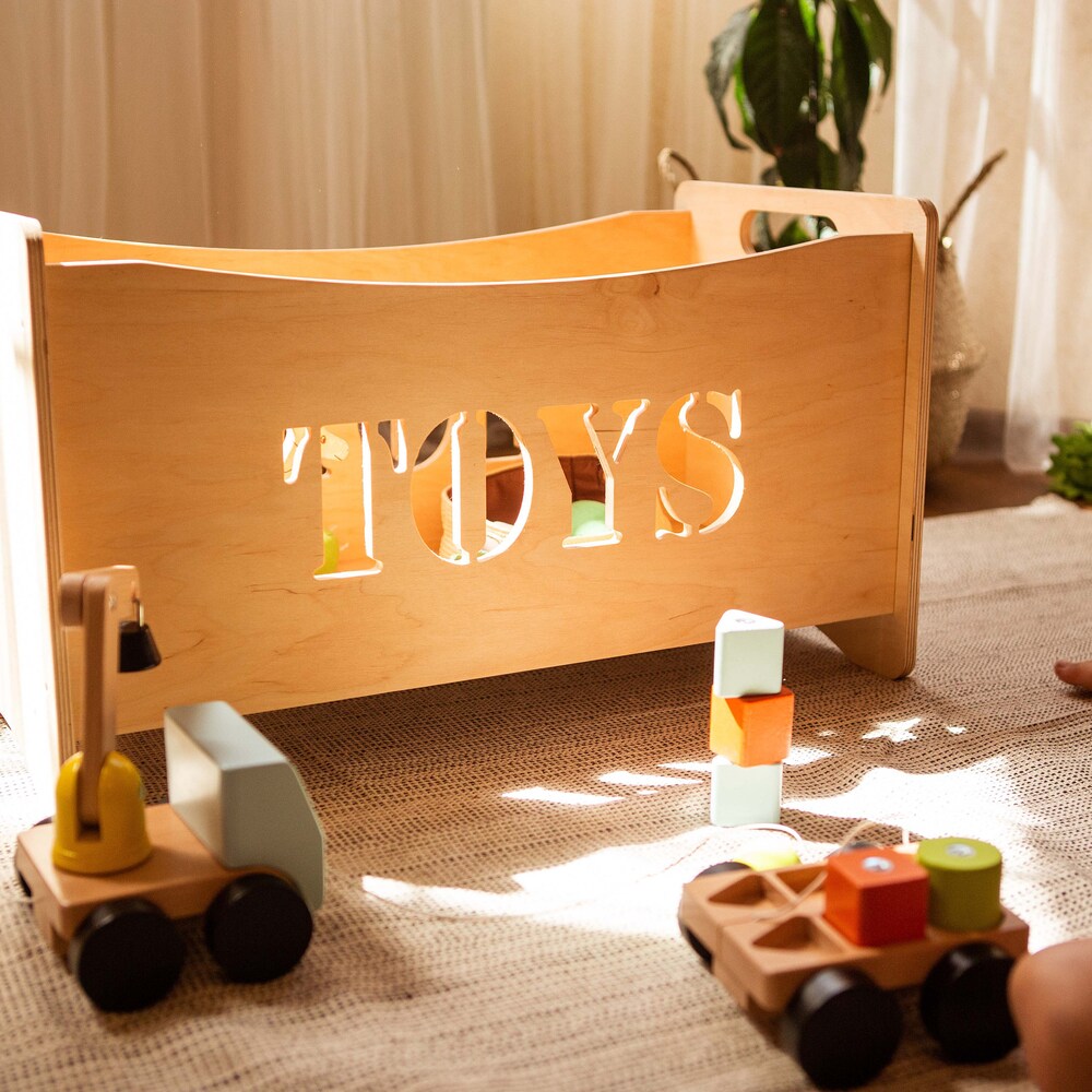 Wooden toy box for toddler playroom, Storage basket for baby nursery, Montessori furniture, Toys organizer, Boxes for toys
