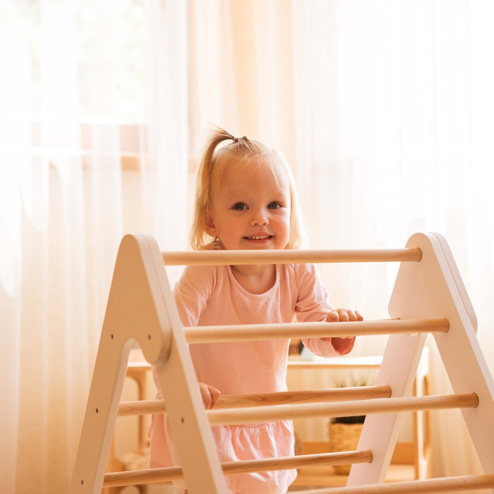 Wooden Gym Set for toddlers 3 items: Climbing Triangle + Arch + Slide, Montessori furniture, Baby toy for 1 year old, White climber set