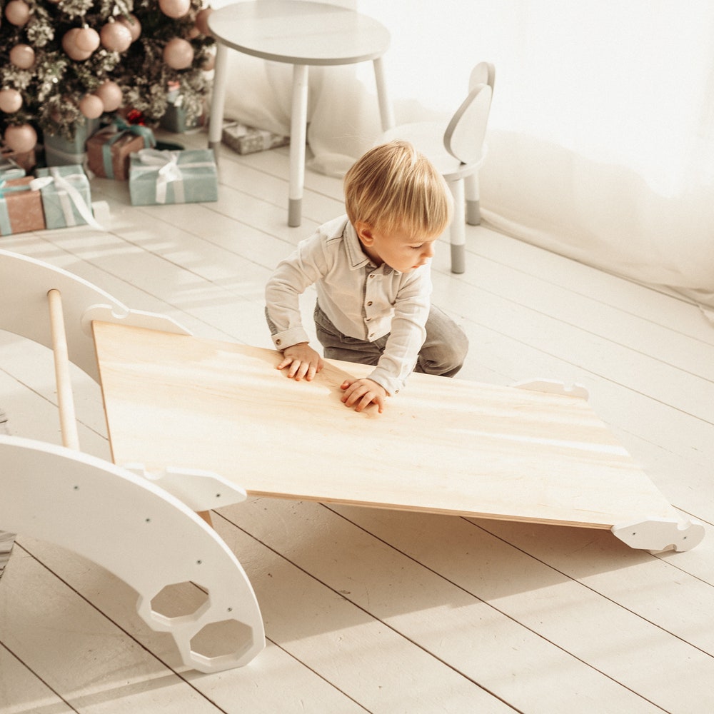 Wooden Gym Set for toddlers 3 items: Climbing Triangle + Arch + Slide, Montessori furniture, Baby toy for 1 year old, White climber set