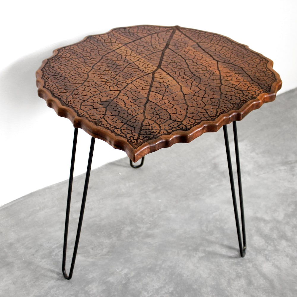 Engraved Walnut Teak Hardwood LEAF with Metal Hairpin Legs - End / Side Table or Night Stand - Modern Mid Century Boho Furniture Eames