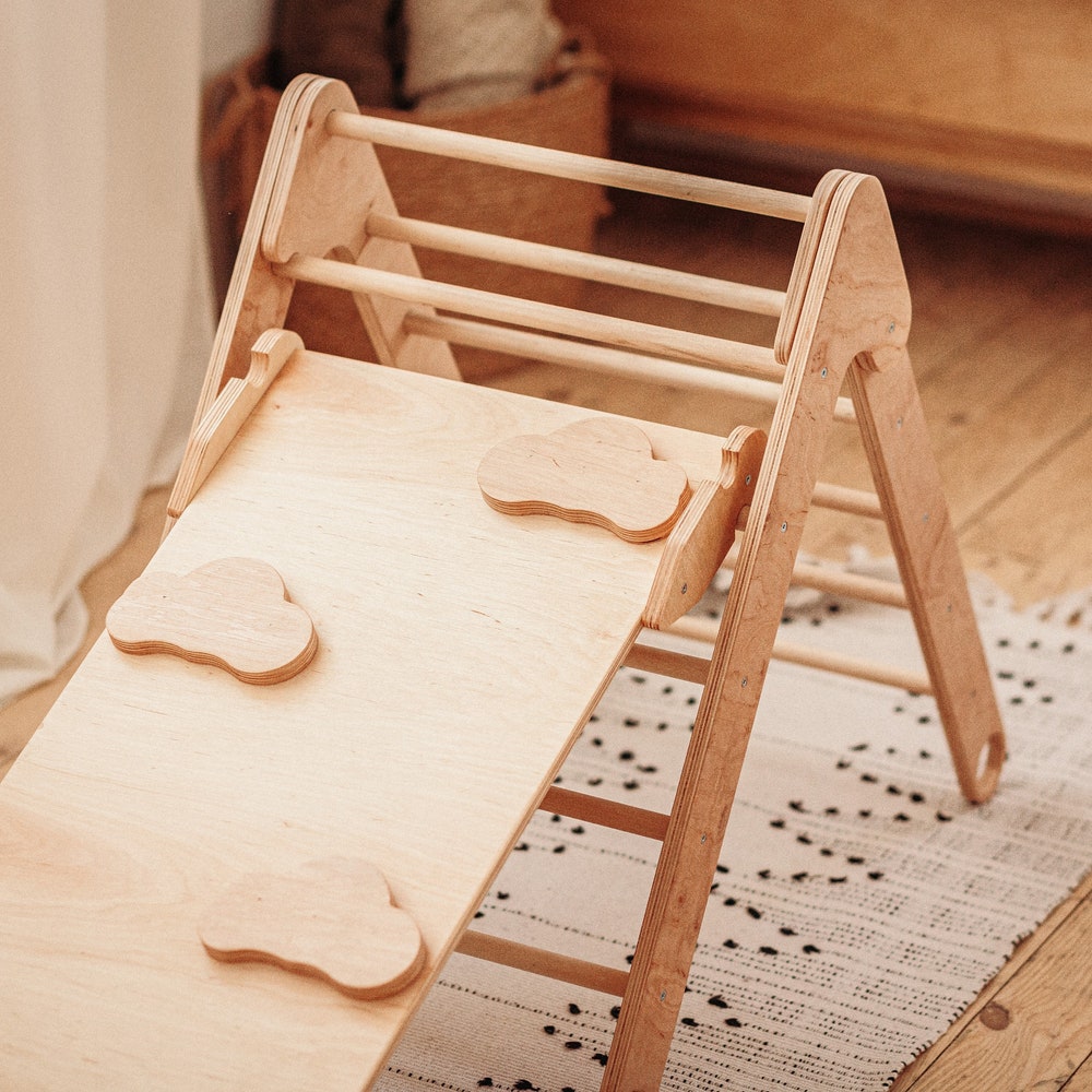 Climbing Set of 3 items for Toddler - Foldable Triangle + Arch + Ramp, Montessori furniture, Wood baby play gym, Indoor playground