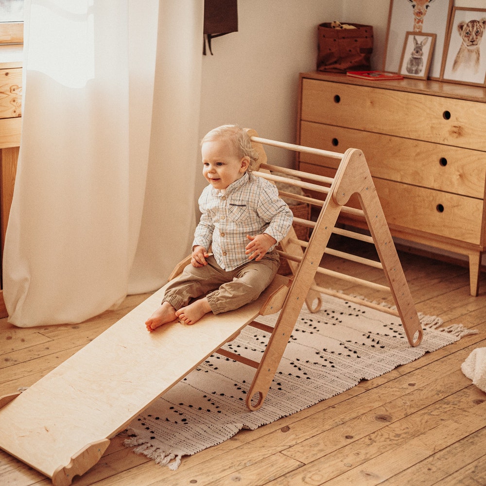 Climbing Set of 3 items for Toddler - Foldable Triangle + Arch + Ramp, Montessori furniture, Wood baby play gym, Indoor playground