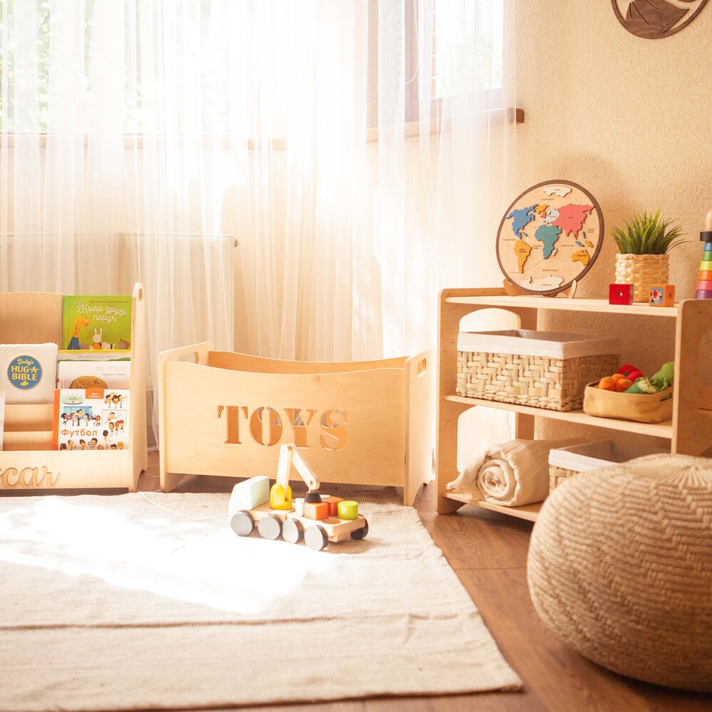 Big Set of Montessori furniture - Open Shelf + Large Bookcase with personalization + Multi-functional Toy Box, Toddler nursery toy storage