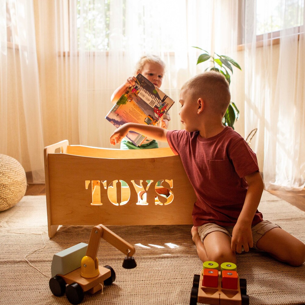 Wooden toy box for toddler playroom, Storage basket for baby nursery, Montessori furniture, Toys organizer, Boxes for toys
