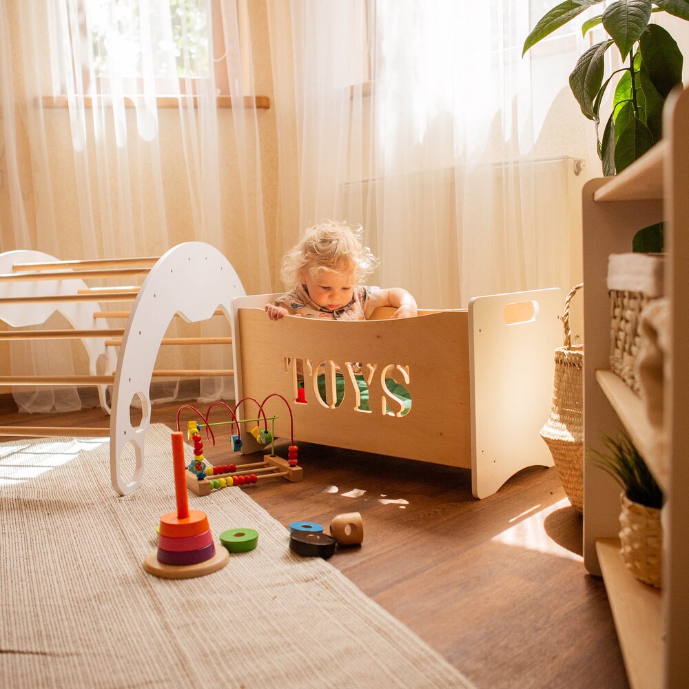 Wooden toy box for toddler playroom, Storage basket for baby nursery, Montessori furniture, Toys organizer, Boxes for toys