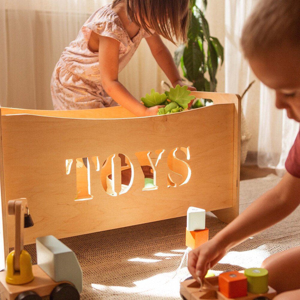 Wooden toy box for toddler playroom, Storage basket for baby nursery, Montessori furniture, Toys organizer, Boxes for toys