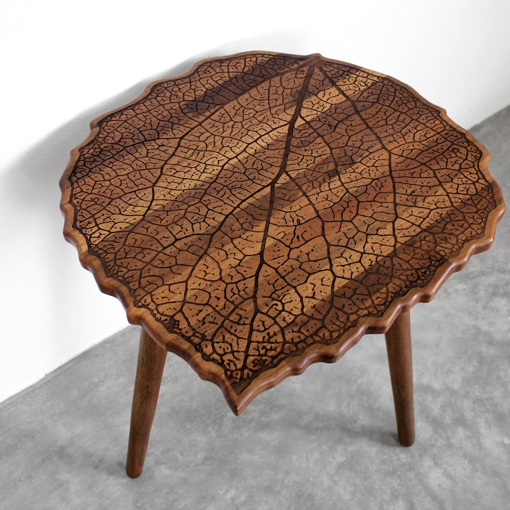 Engraved Walnut Teak Hardwood LEAF with Turned Wood Legs - End / Side Table or Night Stand - Modern Mid Century Boho Furniture Design Eames
