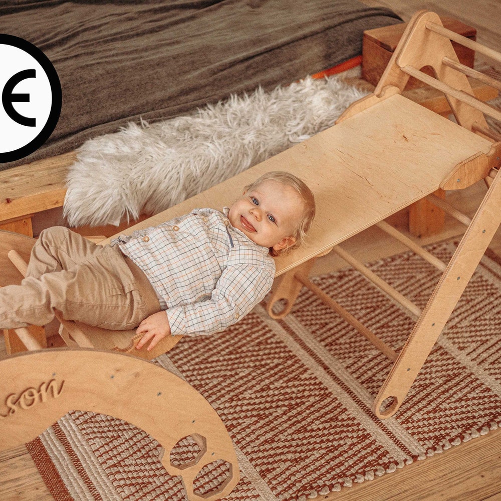 Climbing Set of 3 items for Toddler - Foldable Triangle + Arch + Ramp, Montessori furniture, Wood baby play gym, Indoor playground