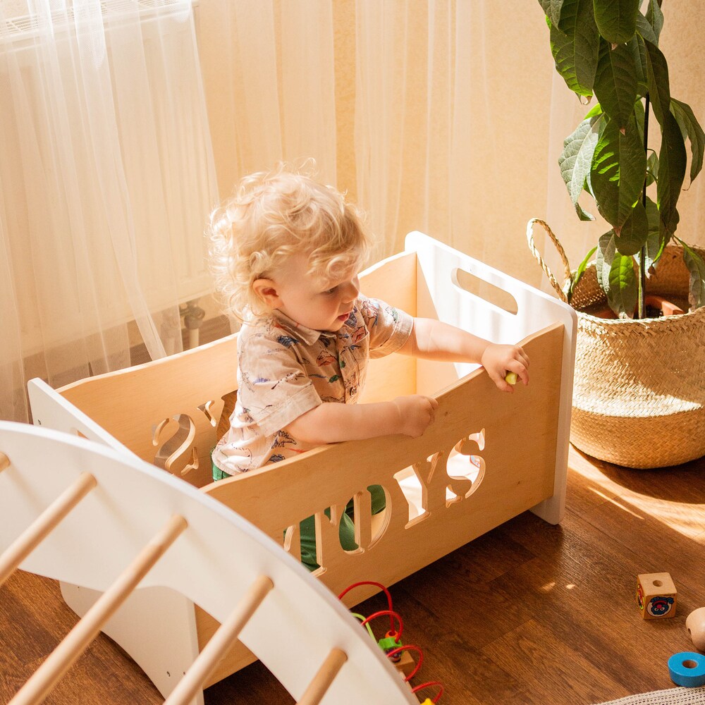 Big Set of Montessori furniture - Open Shelf + Large Bookcase with personalization + Multi-functional Toy Box, Toddler nursery toy storage