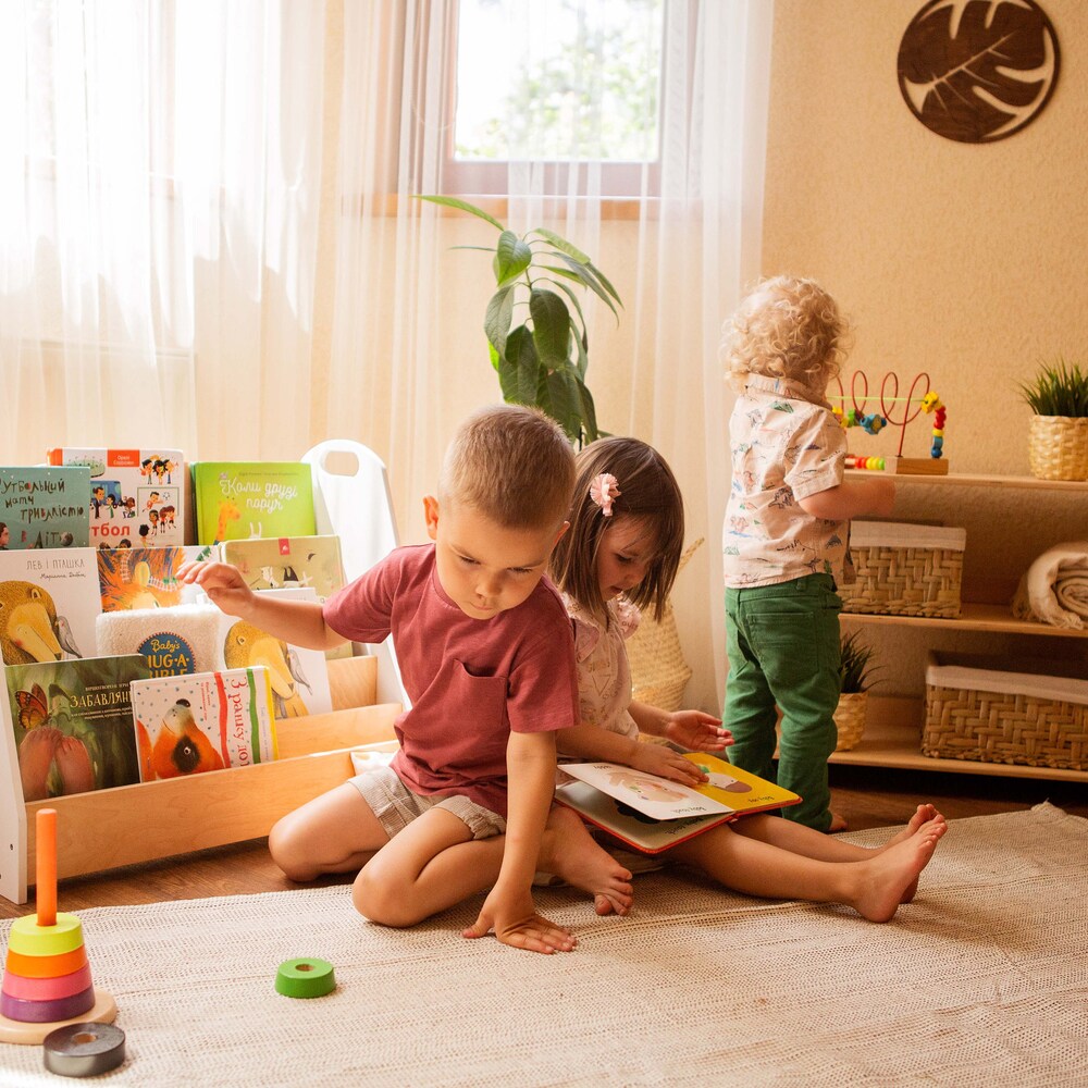 Big Set of Montessori furniture - Open Shelf + Large Bookcase with personalization + Multi-functional Toy Box, Toddler nursery toy storage