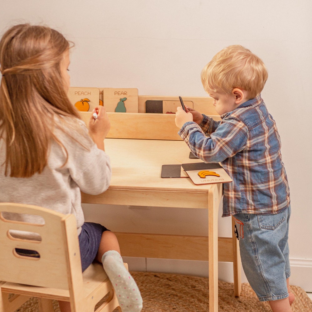 Toddler table and chair set, Kids activity table, Montessori playroom Kids desk decor Nursery Montessori furniture Baby bookshelf
