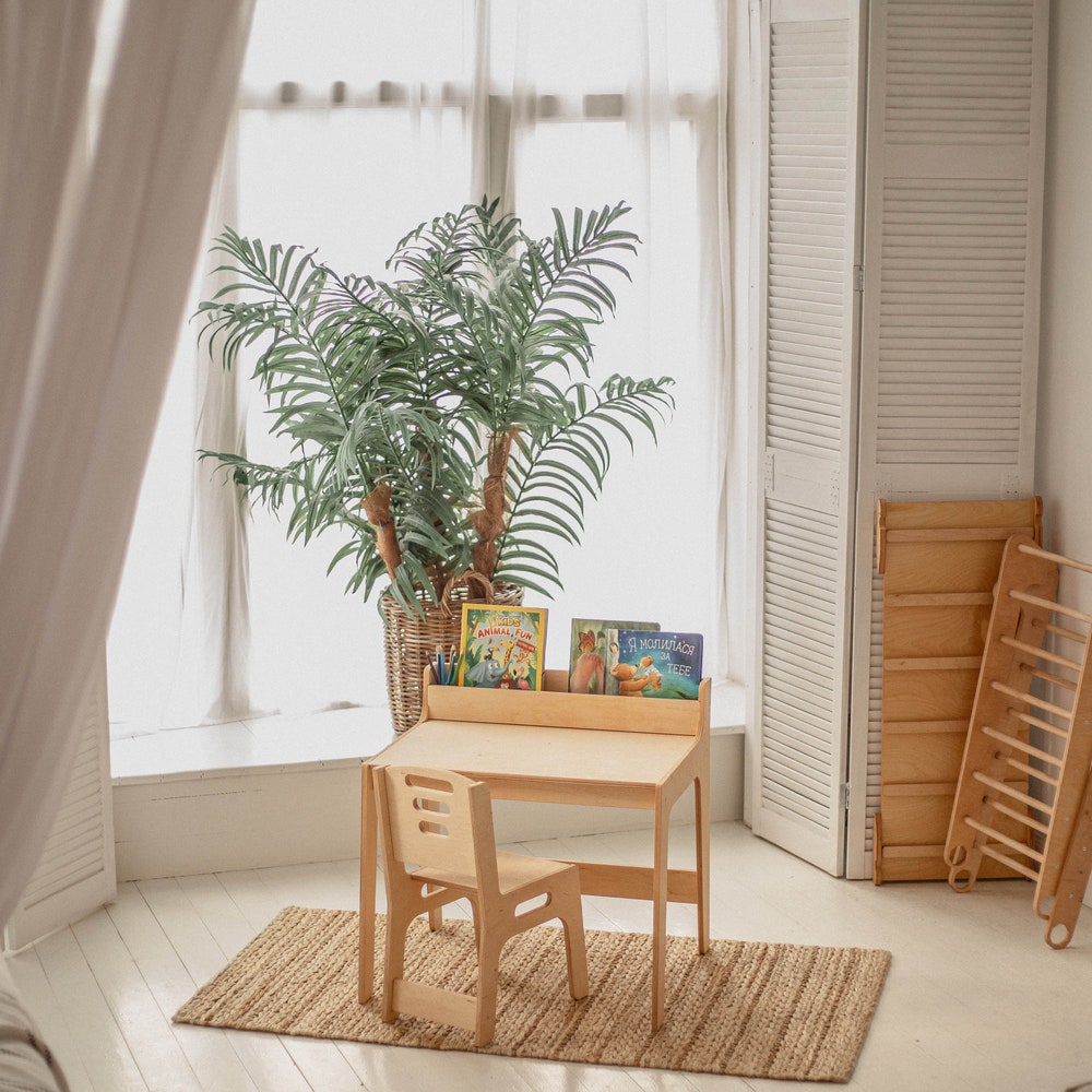 Toddler table and chair set, Kids activity table, Montessori playroom Kids desk decor Nursery Montessori furniture Baby bookshelf