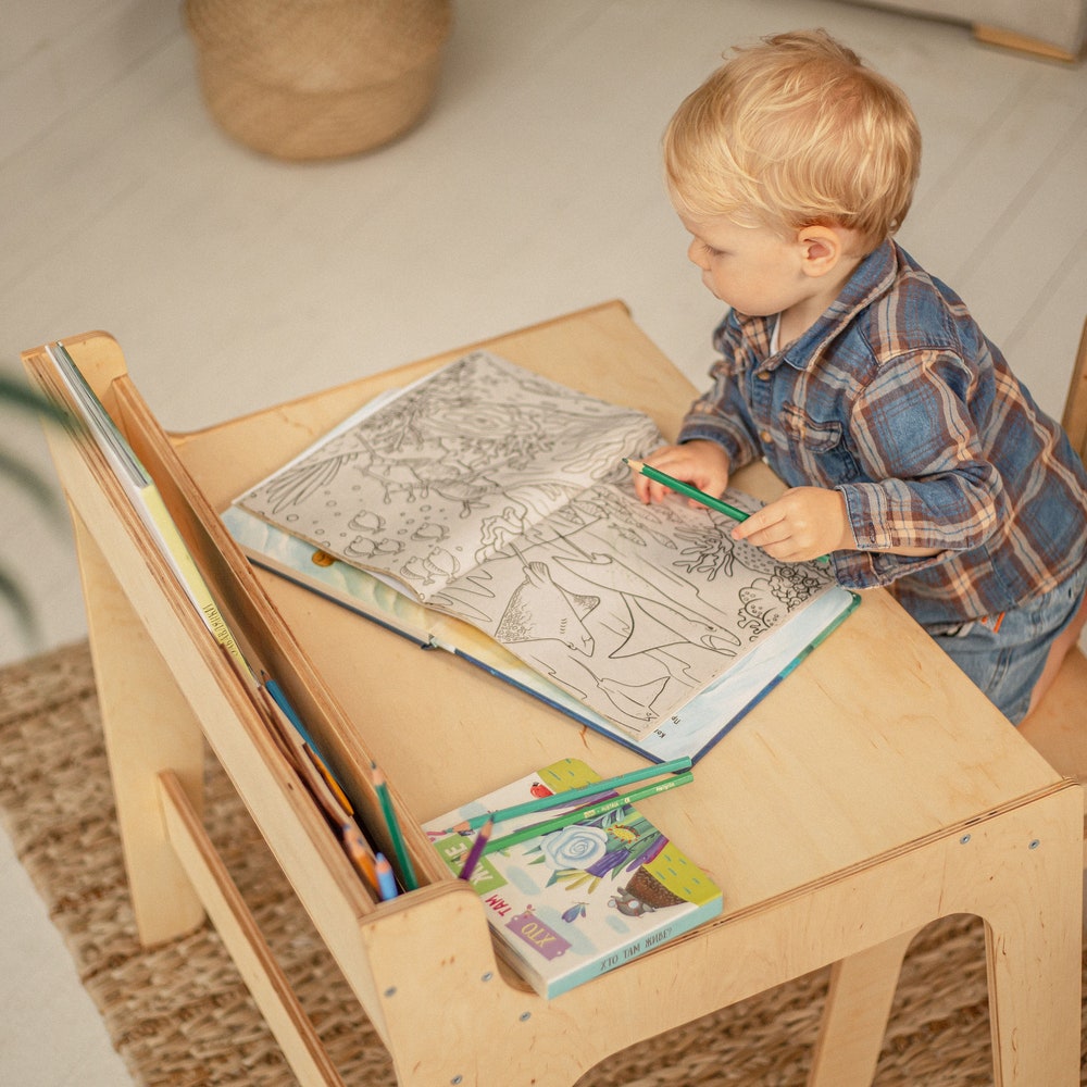 Board game table and chair, Montessori furniture, Desk organizer for Toddler, Custom play table, Kids activity table