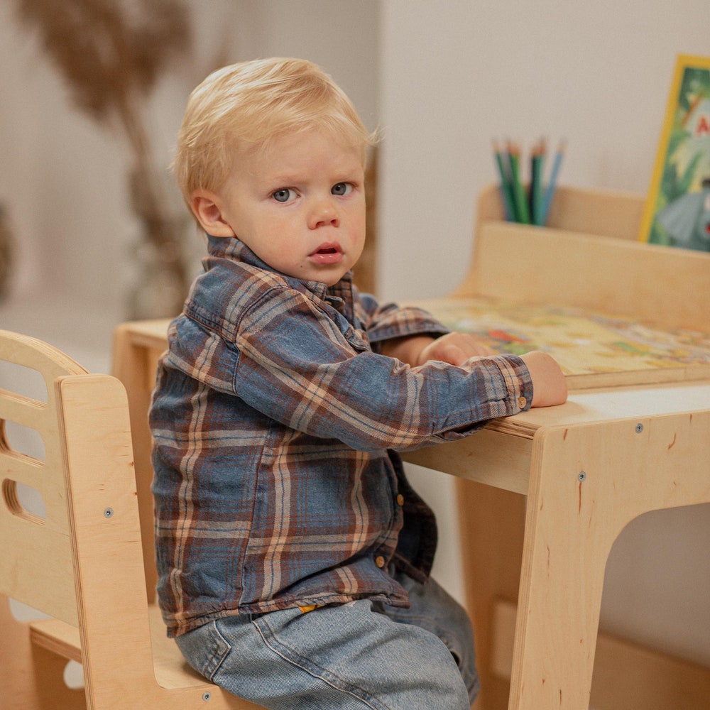 Toddler table and chair set, Kids activity table, Montessori playroom Kids desk decor Nursery Montessori furniture Baby bookshelf