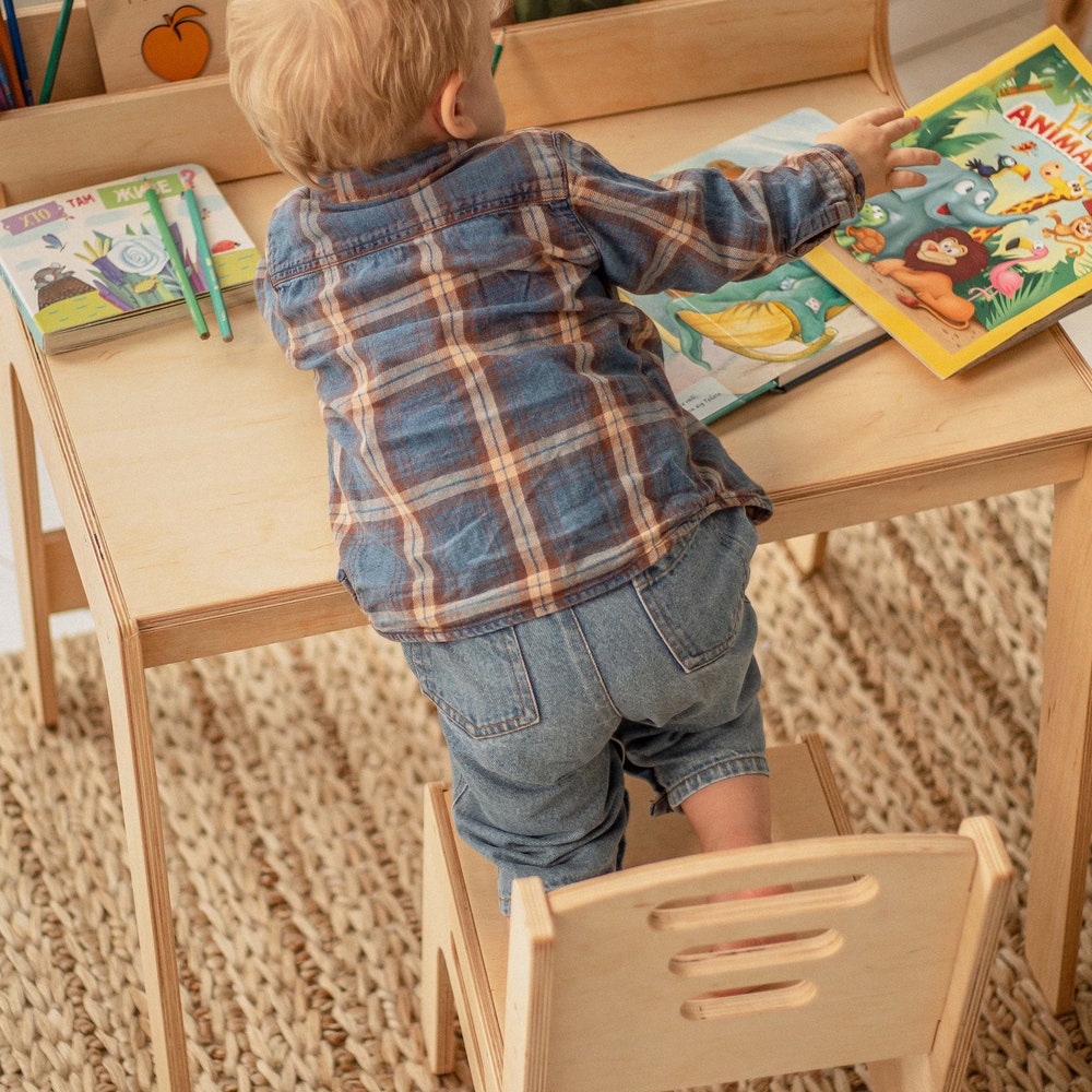 Toddler table and chair set, Kids activity table, Montessori playroom Kids desk decor Nursery Montessori furniture Baby bookshelf