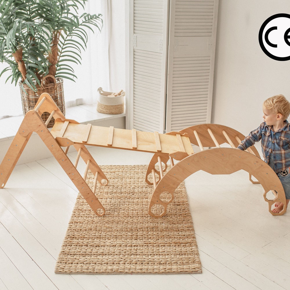 Toddler First christmas gift - Montessori Set of three items - Climbing Arch + Foldable Triangle + Climbing ladder/slide, Balance board